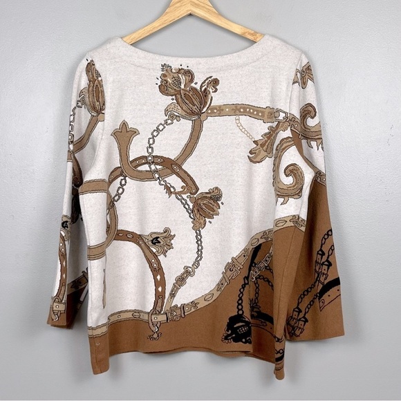 Chico’s Jacquard Bateau Neck equestrian chain belt cotton blend sweater, LP. - Picture 3 of 8